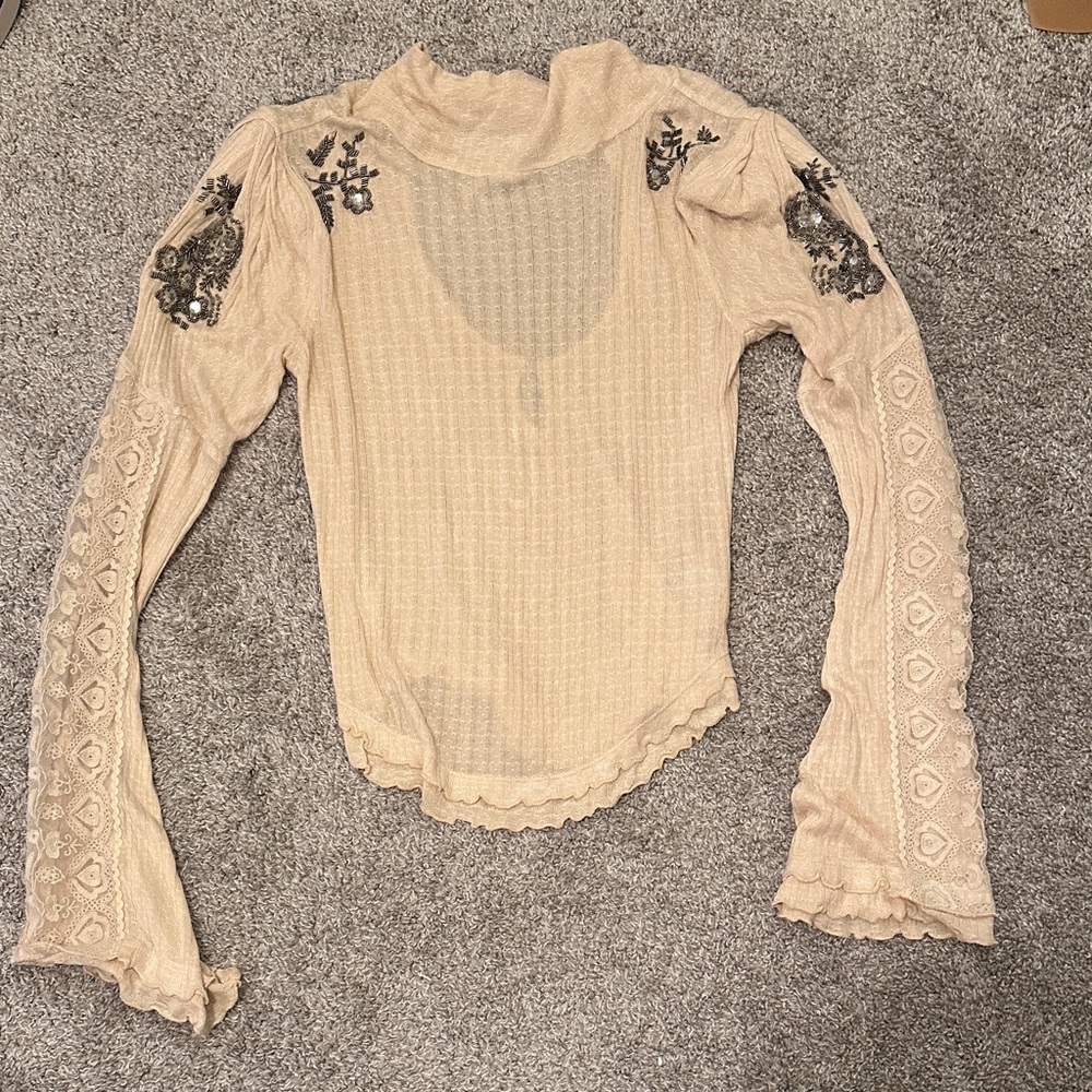 Free People Medium Cottagecore Blouse Beads Lace Top